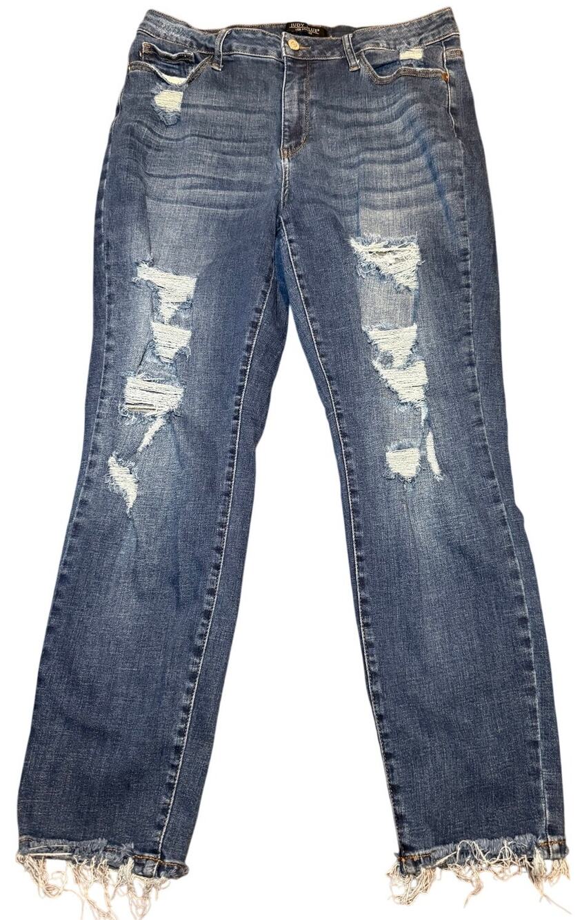 Judy Blue Boyfriend Fit Distressed Raw Hem Jeans, Dark Wash, Size 15/32